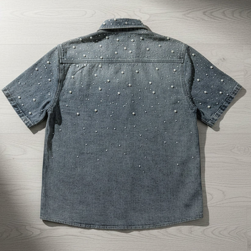Exclusive Rhinestone Pearl Denim Shirt