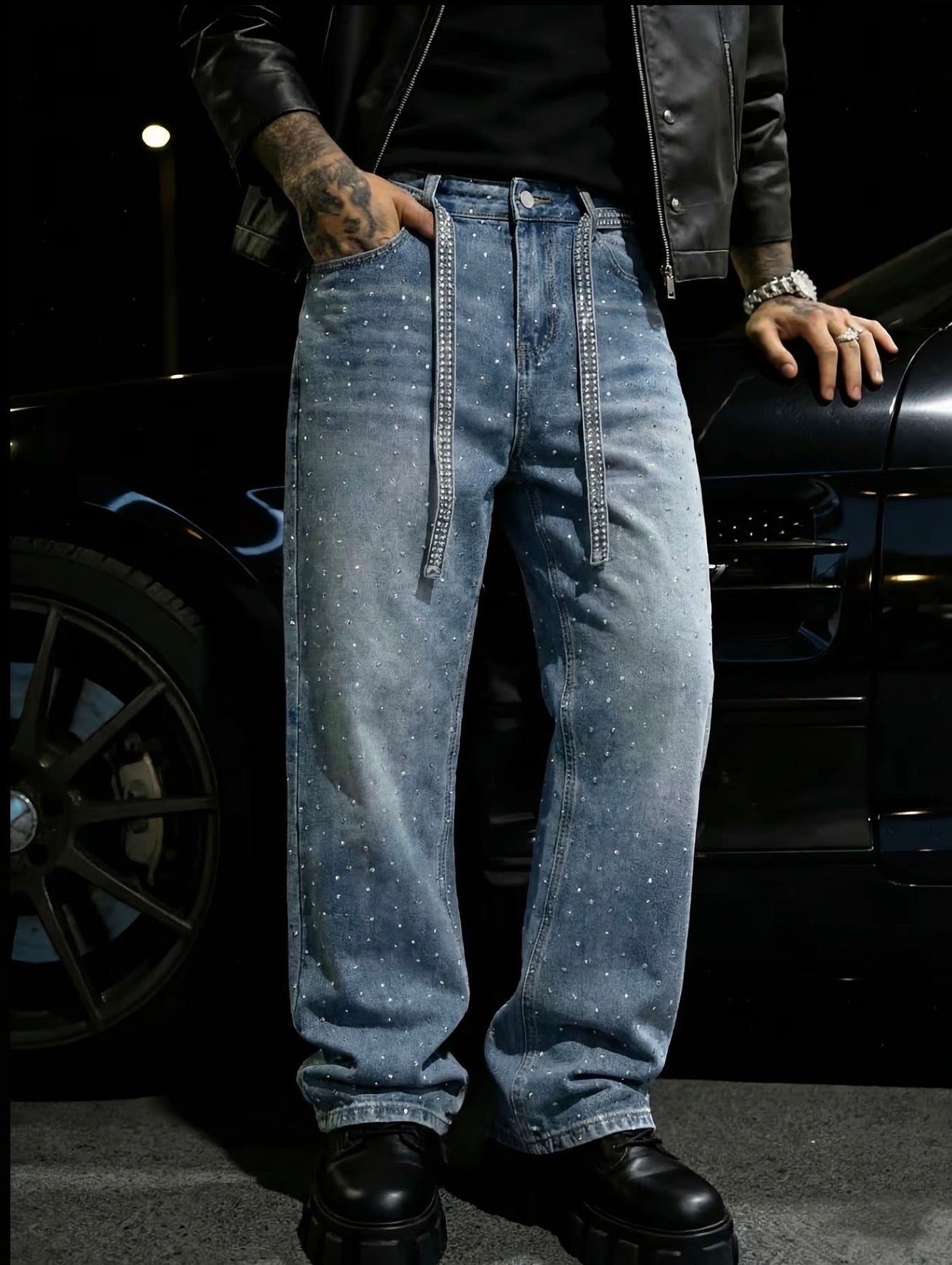Rhinestone Embellished Denim Jeans with Matching Belt