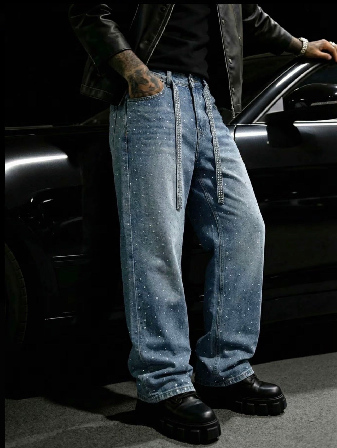 Rhinestone Embellished Denim Jeans with Matching Belt