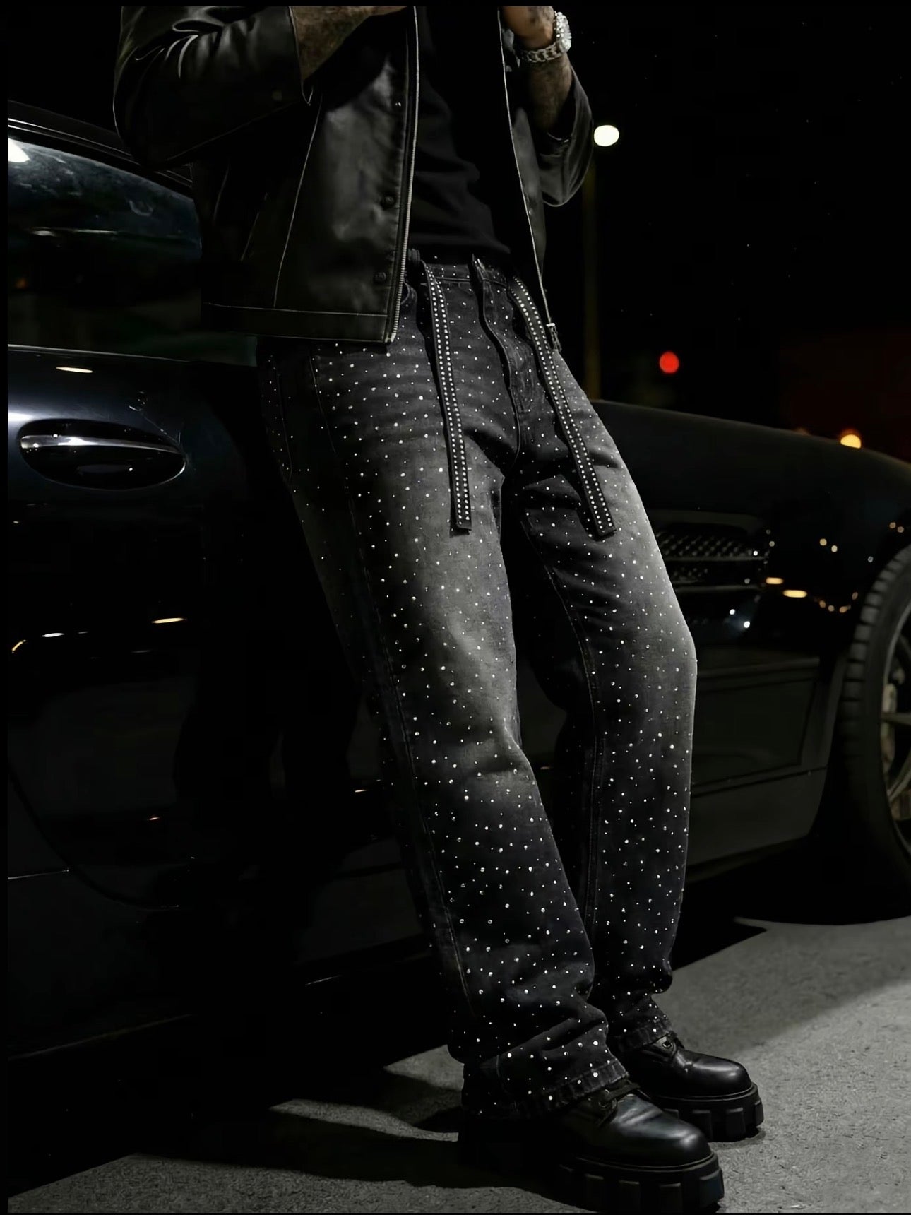 Rhinestone Embellished Denim Jeans with Matching Belt