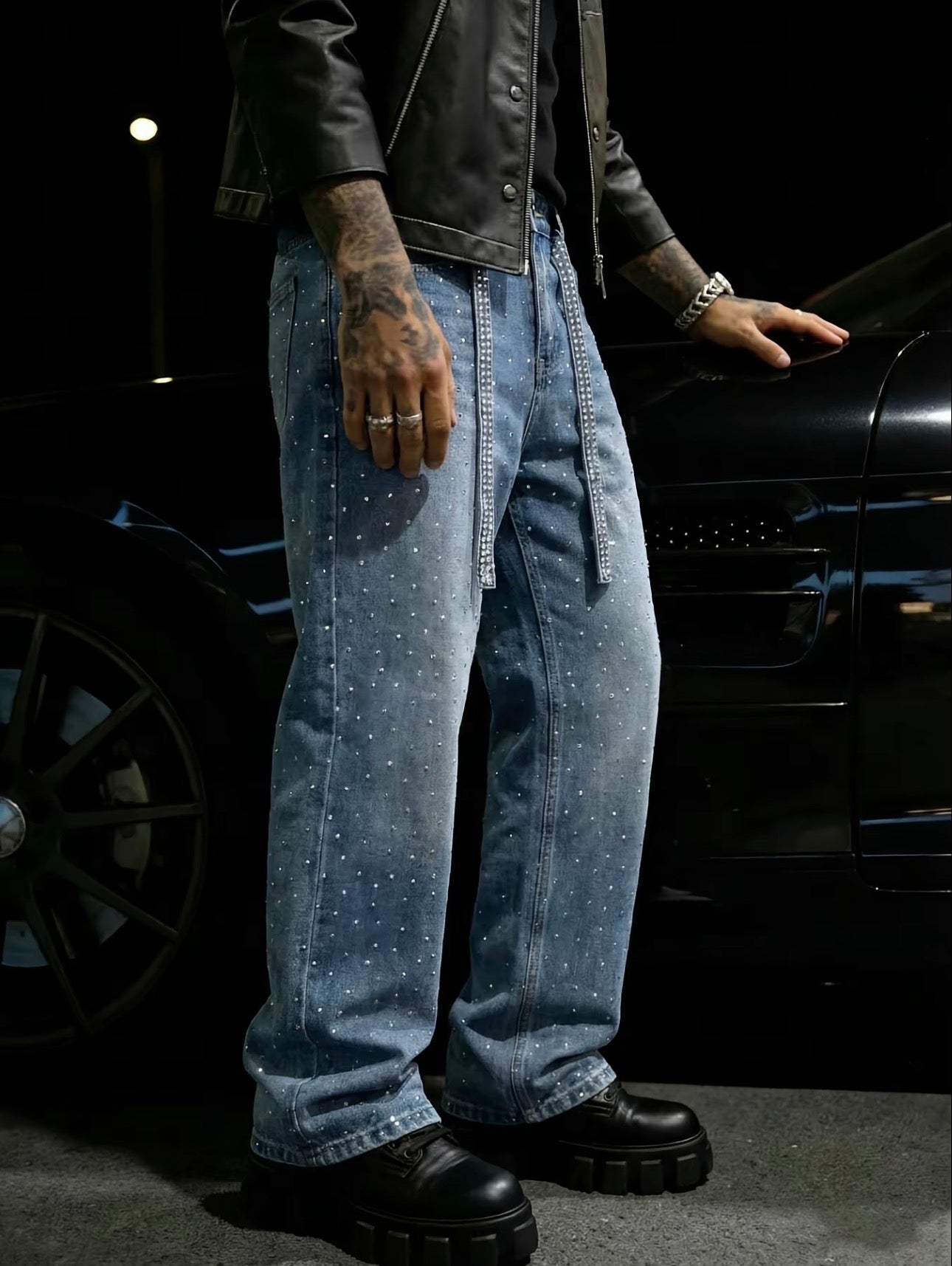 Rhinestone Embellished Denim Jeans with Matching Belt