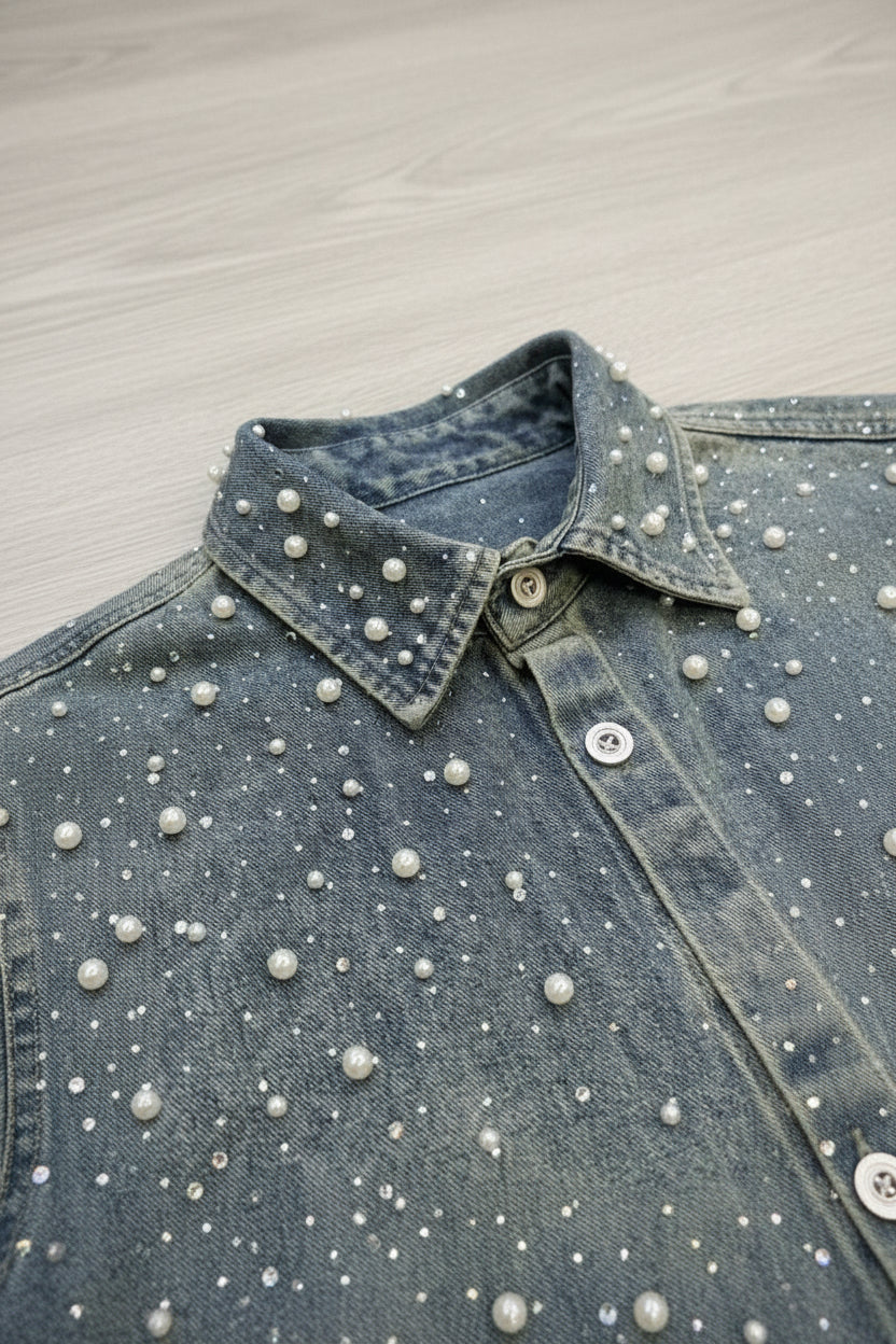 Exclusive Rhinestone Pearl Denim Shirt