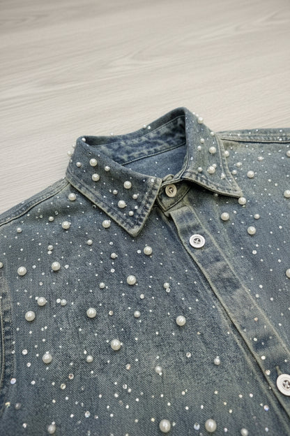 Exclusive Rhinestone Pearl Denim Shirt