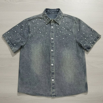 Exclusive Rhinestone Pearl Denim Shirt