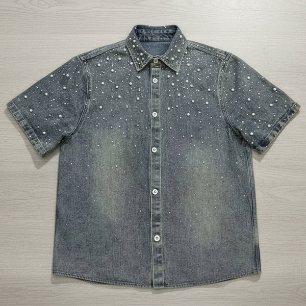 Exclusive Rhinestone Pearl Denim Shirt
