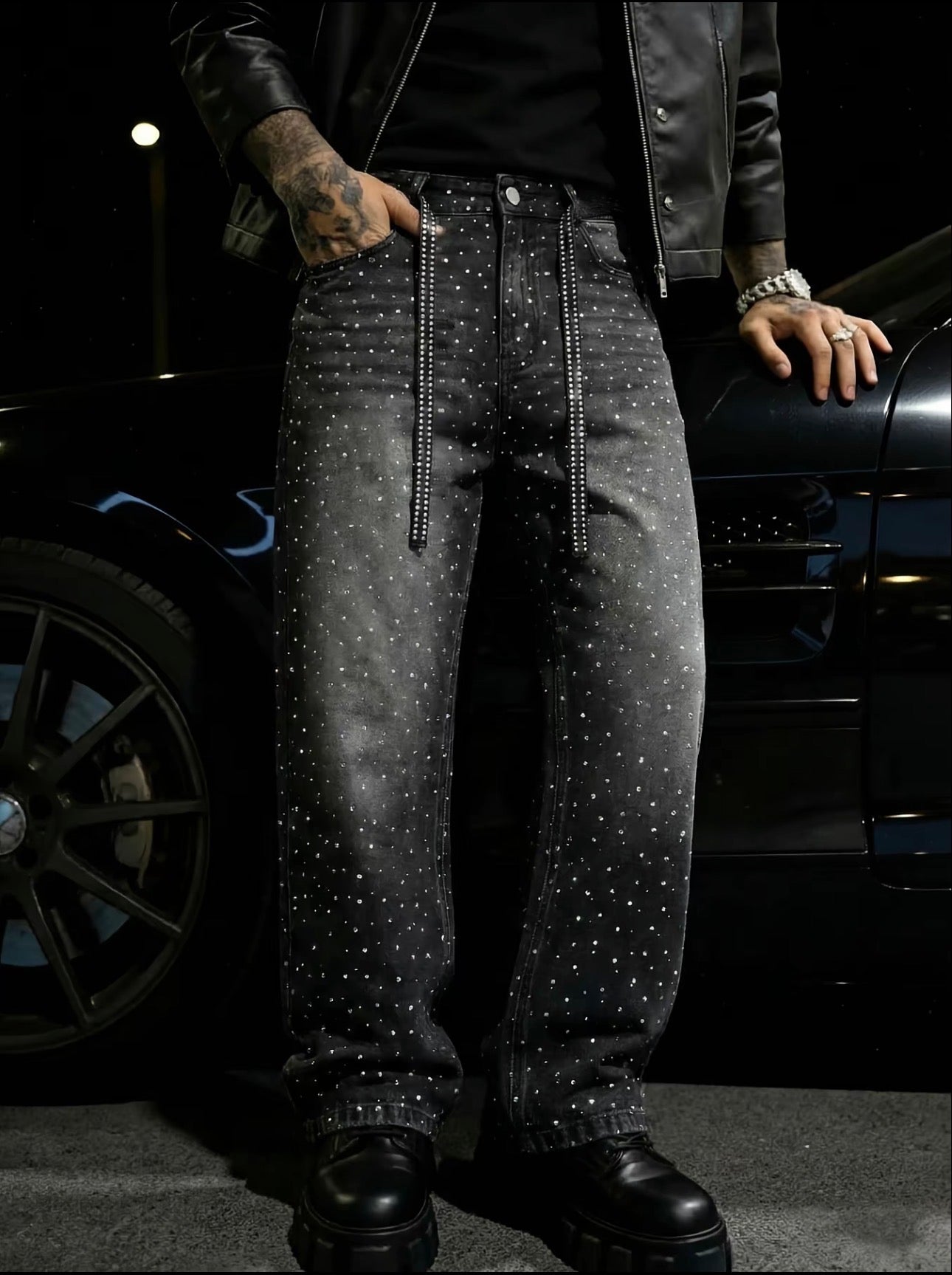 Rhinestone Embellished Denim Jeans with Matching Belt