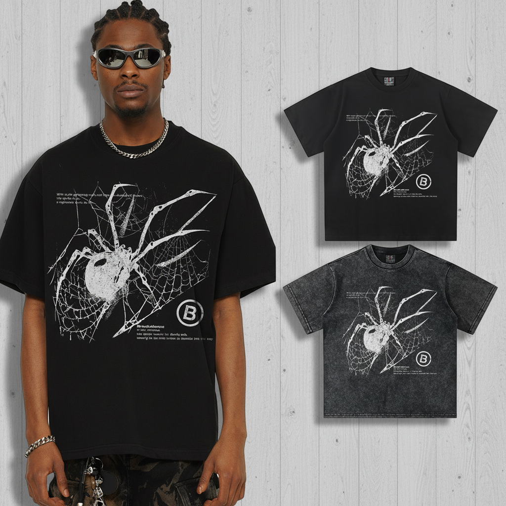 Y2K Spider Print Washed Cotton T-Shirt