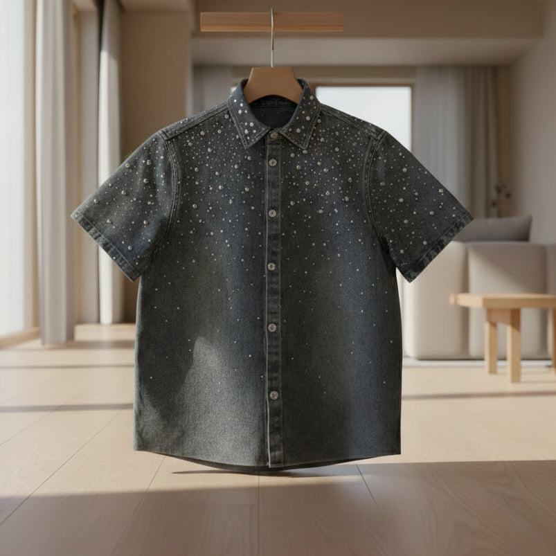 Exclusive Rhinestone Pearl Denim Shirt