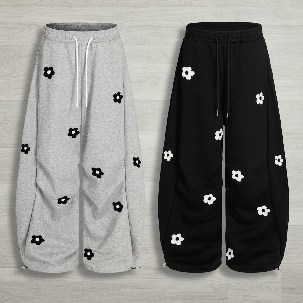 Floral Embroidery Curved Blade Sweatpants - Unisex