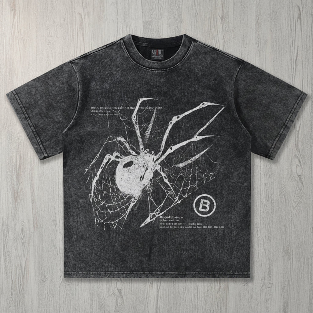 Y2K Spider Print Washed Cotton T-Shirt